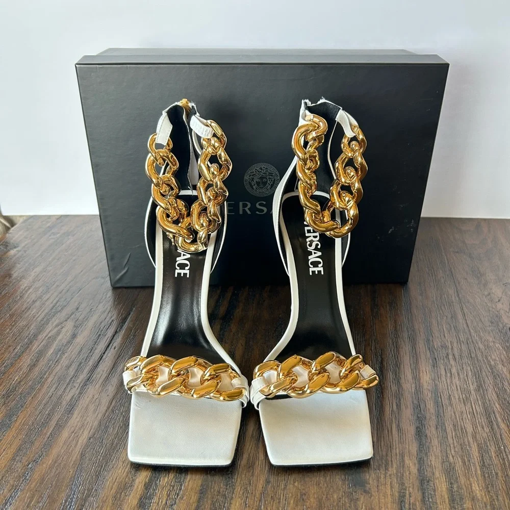 Versace Authentic White And Gold Medusa Chain Leather Sandals Heels Womens 8 - Picture 3 of 16